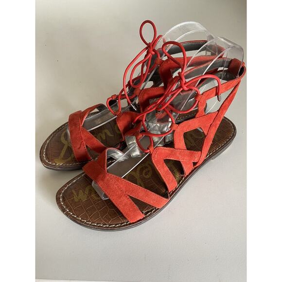Sam Edelman GEMMA Sandal Caged Red Suede Gladiator Strappy Flat Open 8.5 - Picture 3 of 7
